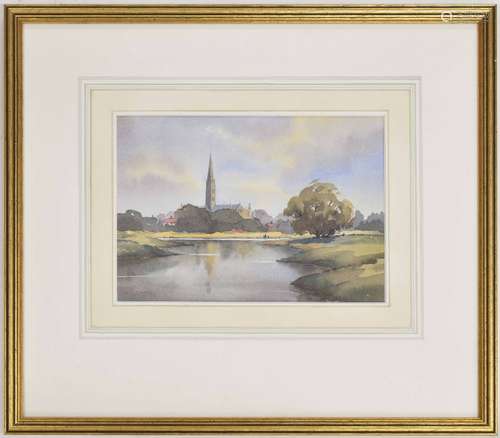 Ken Coker (20th century) - Salisbury Cathedral from the water meadows, indistinctly signed, also