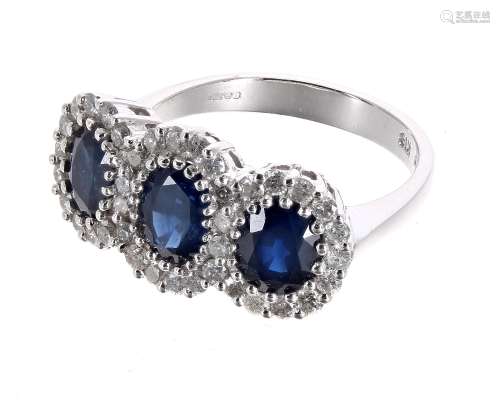 18ct white gold triple oval cluster sapphire and diamond ring, estimated sapphires 1.88ct,