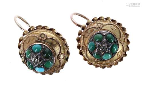 Pair of Victorian 15ct turquoise and diamond earrings, with wirework mounts and hoop latch back,