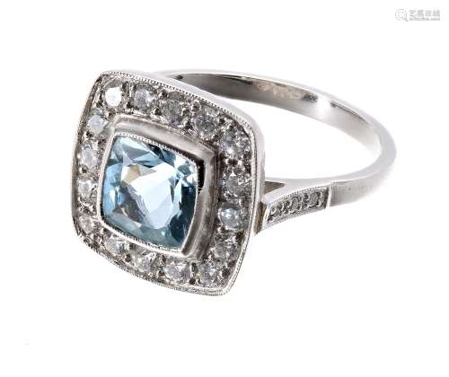 Platinum aquamarine and diamond square dress ring in the Art Deco style, the aquamarine 1.50ct