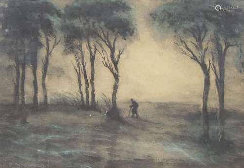 Gunner F. J. Mears (1890-1929) - Solitary figure in a darkened landscape, signed, watercolour, 5.25