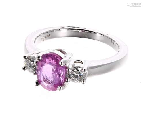 18ct white gold oval pink sapphire and diamond three stone ring, the sapphire 1.50ct approx, round