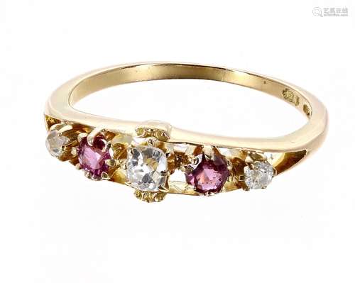 Attractive 18ct ruby and diamond five stone ring, with three old-cut diamonds, 2.7gm, width 6mm,