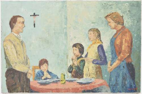 Fernand Audet (French 1923-2016) - Benedicite, a family gathering to say grace at the dinner