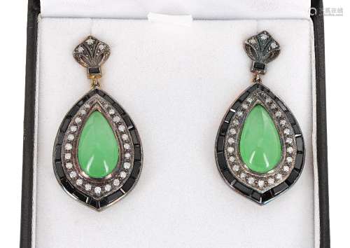 Pair of attractive drop earrings in the antique style, set with with pear drop cabouchon jade