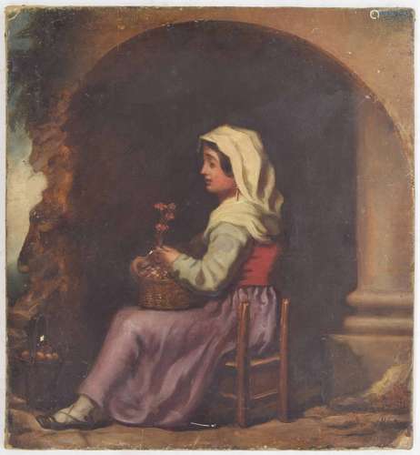 19th Century School - portrait of a seated girl holding a basket of flowers, a basket of fruit by