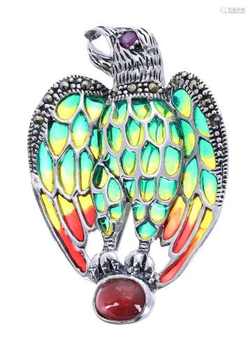 Silver brooch in the form of an eagle, plique á jour set with marcasite, cabouchon ruby and a ruby