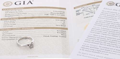 Platinum GIA certified diamond solitaire diamond ring, round brilliant-cut, 0.51ct, clarity SI1,