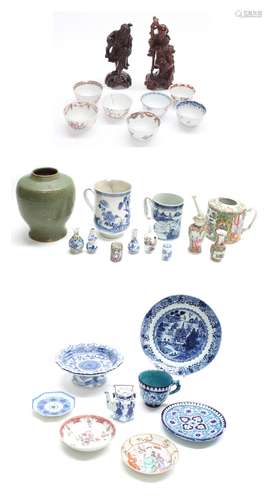 Collection of assorted Chinese porcelain and pottery, including blue and white plates, two tankards,