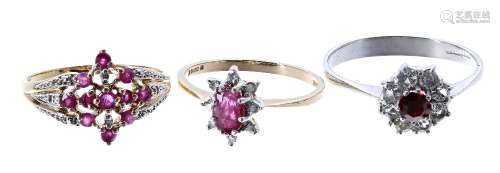 Two 9ct ruby and diamond dress rings, 3.7gm; also a synthetic ruby cluster ring, 2.2gm (3)