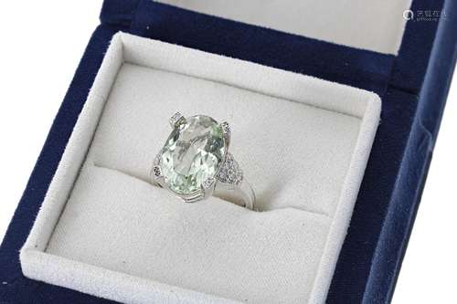 White gold diamond and green amethyst ring, 7.1gm, the amethyst 17mm x 11.5mm, ring size N/O - **