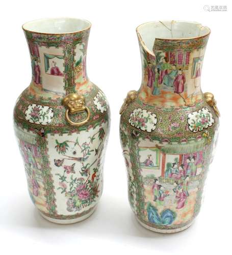 Pair of Chinese Canton famille rose porcelain vases, of shouldered form, with figural garden scene