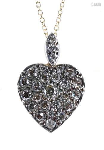 Old-cut diamond 18ct and silver heart shaped pendant on a slender necklace, 1.00ct, the pendant 21mm