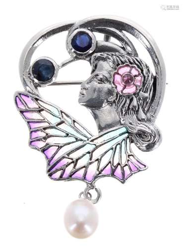 Silver Art Nouveau style plique á jour brooch/pendant, modelled as a maiden and set with two