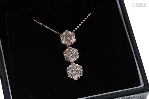 14ct rose gold triple diamond drop cluster pendant and necklace, estimated 1.00ct approx, the