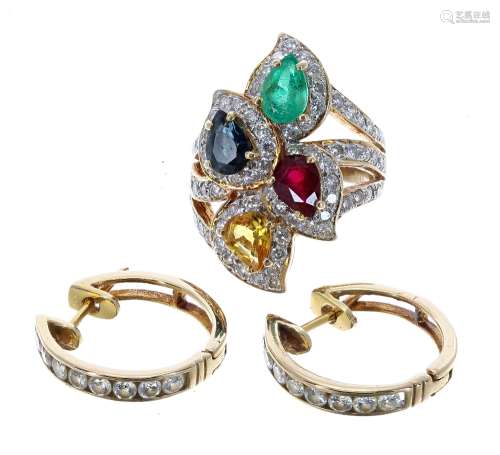 Fancy 18ct diamond, ruby, emerald, blue and yellow sapphire dress ring, 27mm, ring size L;