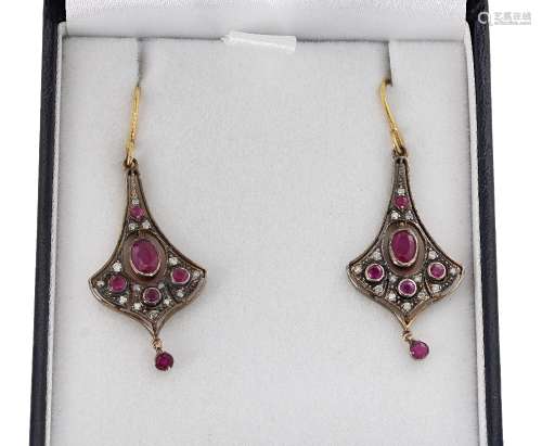 Pair of Art Nouveau style flared drop earrings set with diamonds and rubies, wire hook backs, drop