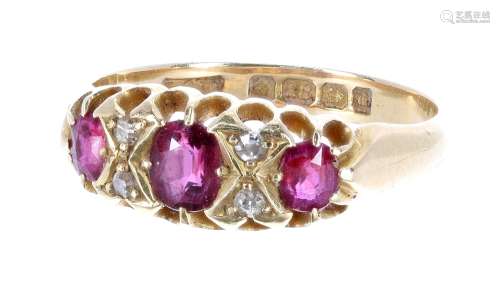 Edwardian 18ct yellow gold claw set ruby and diamond ring, Birmingham 1903, 3.7gm, band width 7mm,