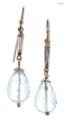 Pair of 18ct white gold aquamarine and diamond drop earrings, each set with tapered baguette diamond
