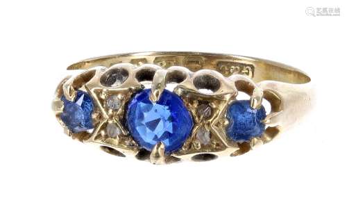 Antique 18ct yellow gold claw set sapphire and diamond ring, Birmingham 1912, 2.6gm, band width 7mm,