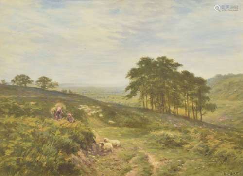 H* East (19th Century) - Holmbury Hill, a valley landscape with figures and sheep by a track in