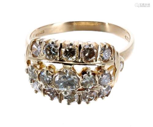 Fancy 18ct yellow gold triple row diamond ring, round brilliant-cuts, 1.73ct approx in total,