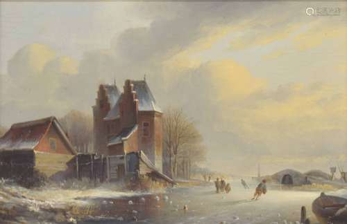 Circle of Jacobus Freudenberg (1818-1873) - Winter scene, with skaters on a river by buildings in