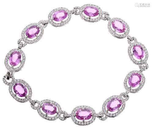 Fine modern 18ct white gold pink sapphire and diamond oval line bracelet, with eleven oval links,