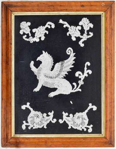 Chinese lace picture of a dragon, with further lace scrolling floral motif around, 12