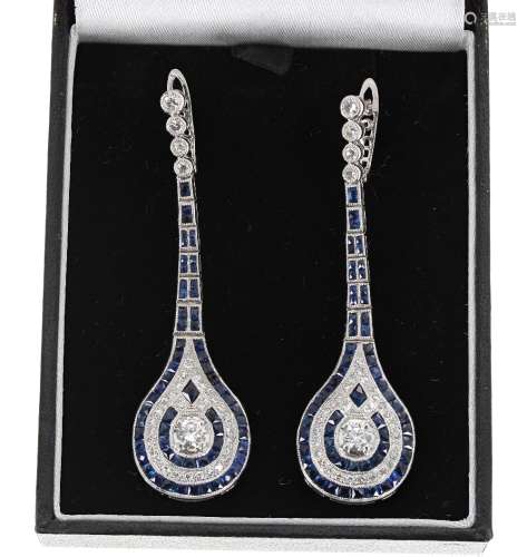 Pair of impressive white gold sapphire and diamond drop earrings in the Art Deco style, total