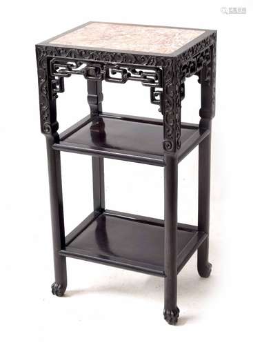 Chinese hardwood jardiniere stand, with inset marble top with carved fret frieze and supports over