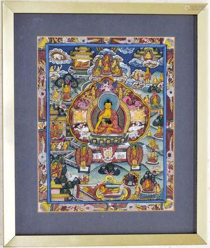 Tibetan Tangka type picture, polychrome and gilt decorated with central god with many further