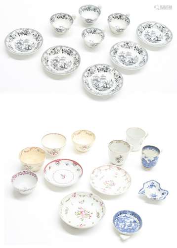 Collection of early English porcelain New Hall type tea bowls, coffee cans and saucers; also