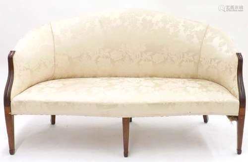 Edwardian floral silk damask sofa, with mahogany boxwood inlaid frame on tapering spade legs, sofa