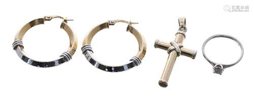 Pair of 9ct yellow and white gold hoop earrings, 4.2gm; 9ct cross pendant, 3.5gm; also an 18ct