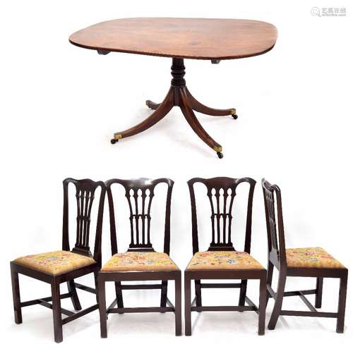 19th century mahogany tilt-top pedestal dining table, the rectangular plain top on turned central