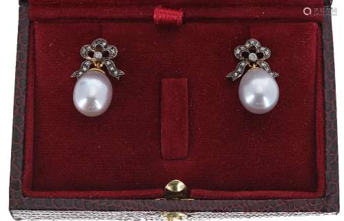 Pair of attractive large grey cultured pearl drop earrings in the antique style, set with diamond