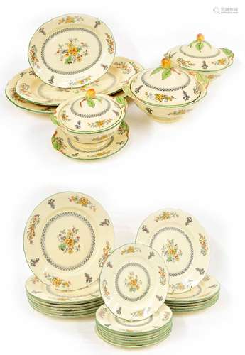 Royal Cauldon 'Badminton' pattern china part dinner service, comprising two graduated meat plates,