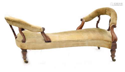 Victorian mahogany conversation chaise longue, with open carved frame, button velvet upholstered