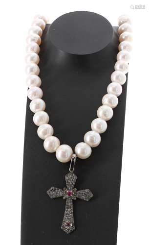 Row of cultured pearls with a diamond and ruby cross pendant, the pearls 11-13mm, 106.3gm, 20