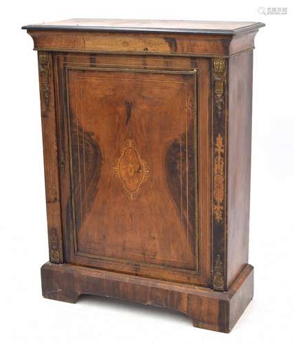 Victorian walnut inlaid pier cabinet, the moulded top over panelled inlaid door enclosing shelved