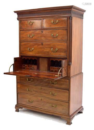 Fine George III mahogany inlaid secrétaire tallboy, the upper part with carved dentil cornice and