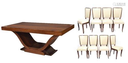 Good Art Deco rosewood rectangular extending dining table and eight chairs, with two further leaves,