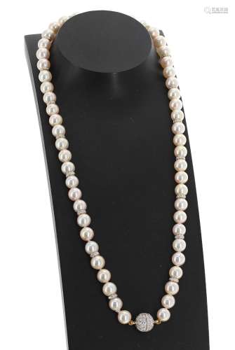 Very good quality cultured pearl and diamond necklace, the pearls each matching in colour and of