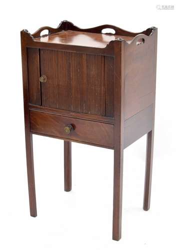 19th century mahogany bedside table, the gallery top over a tambour compartment and single drawer