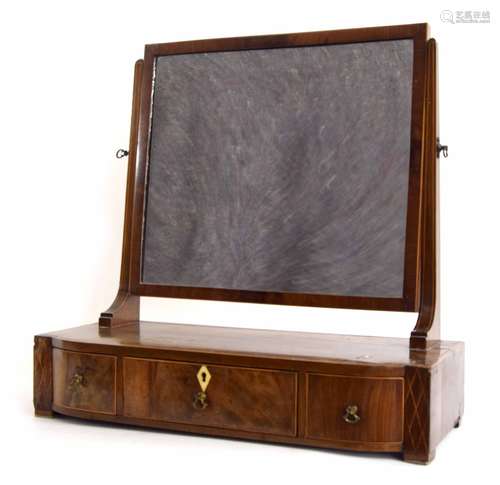 19th century mahogany dressing mirror, inlaid with boxwood lines and satinwood bands, the