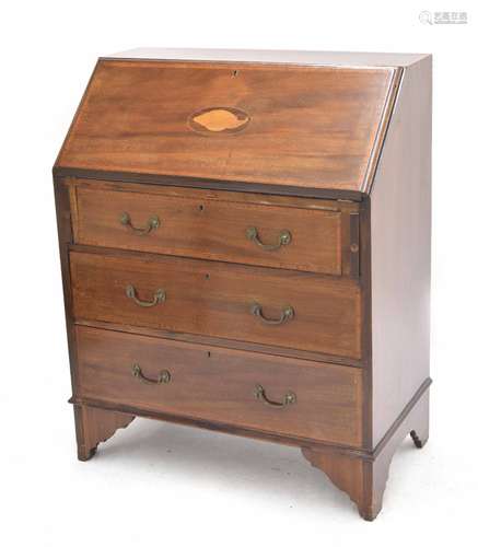 Edwardian mahogany inlaid bureau, the fall front with satinwood banding and a conch shell paterae