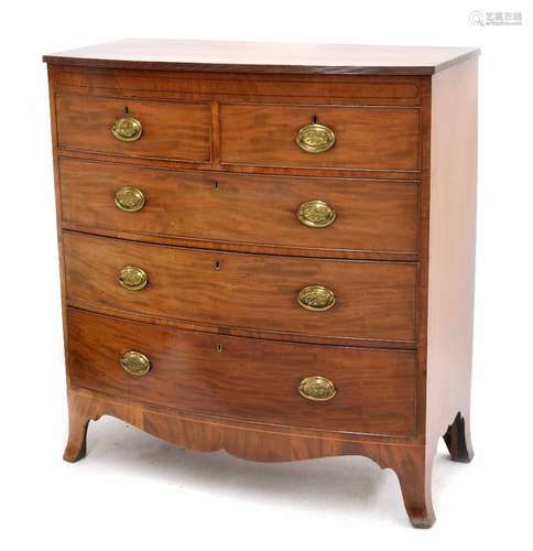 Regency mahogany bowfront chest of drawers, the reeded edged top over a plain frieze inlaid with