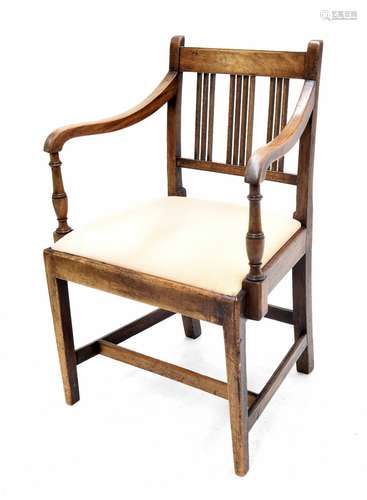 19th century mahogany elbow chair, with horizontal splats over a drop-in seat and upon square