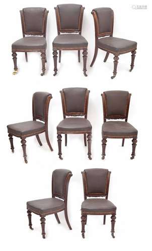 Set of eight Victorian mahogany dining chairs, the scrolling moulded frame backs with button